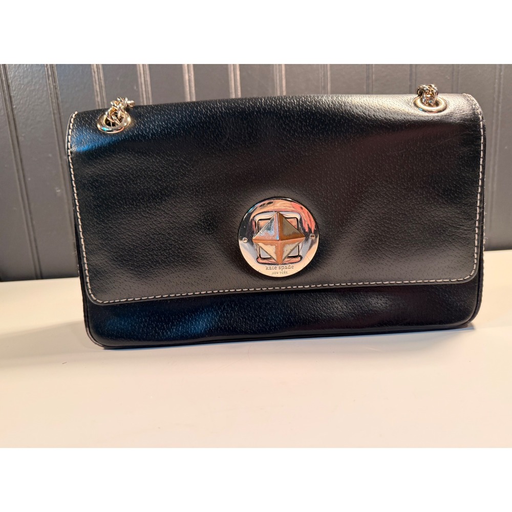 Kate Spade Black Leather Turnlock Crossbody Bag Gold Chain Strap Contrast Stitch